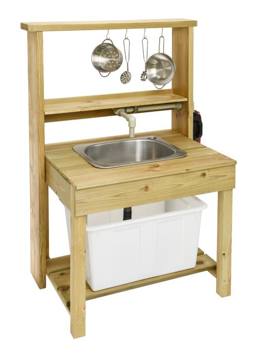 First Tools Outdoor Küchenspüle mit manueller Wasserpumpe und Kochgeschirr. KiTa-Spielewelt