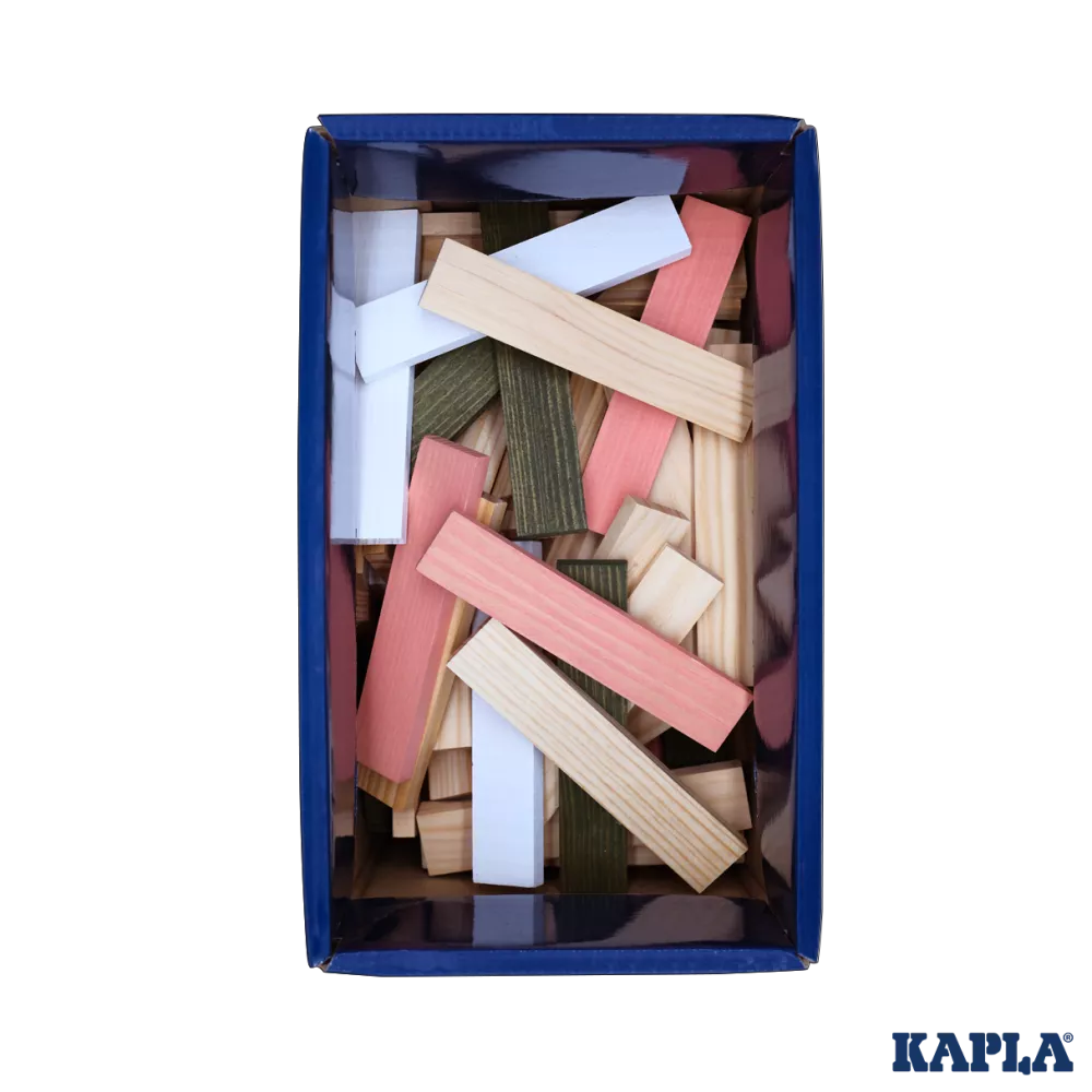 Kapla-rosa-4 Kapla 200er Box rosa: Die passende Box für die Holzbausteine in natur, rosa, grün und weiß. KiTa-Spielewelt